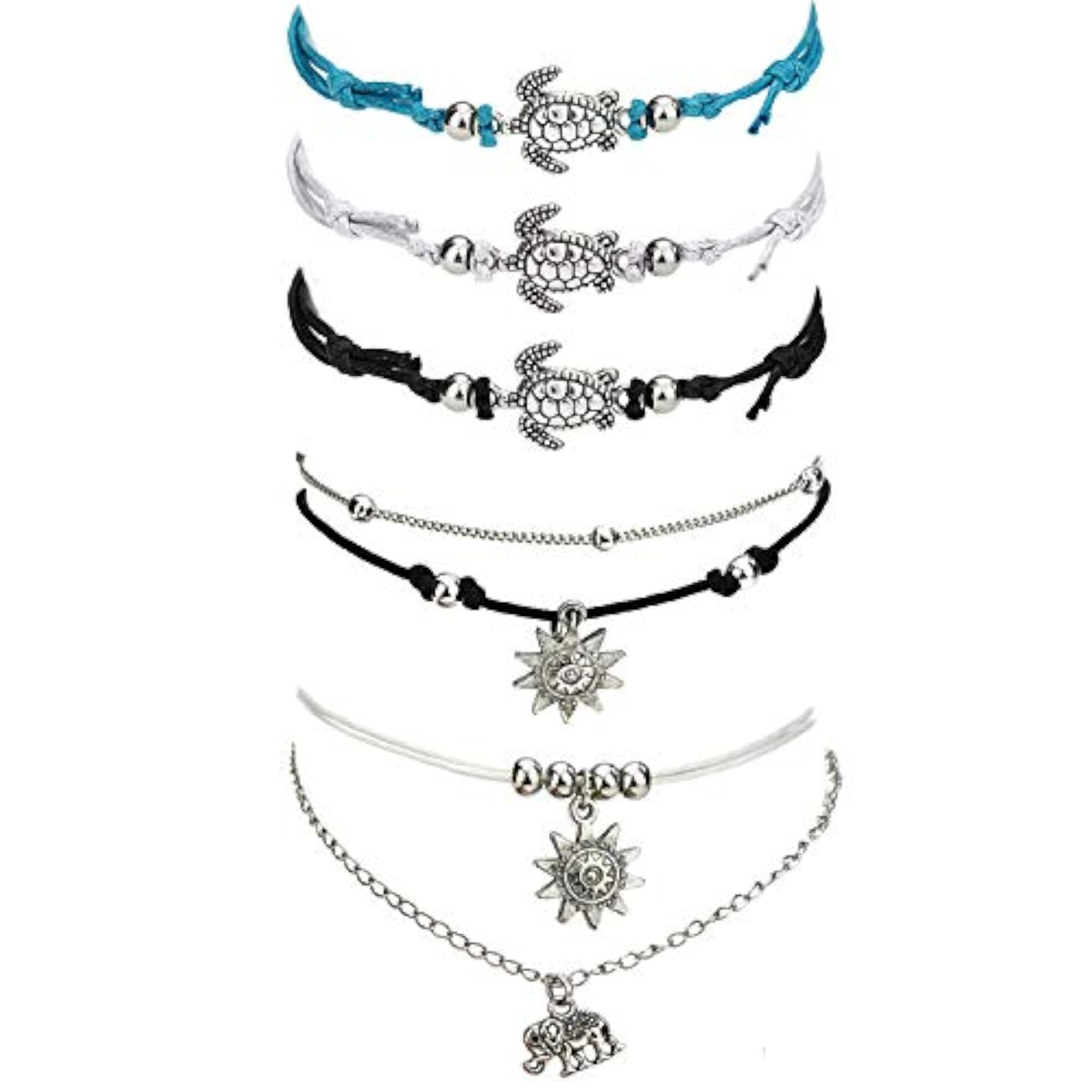 5pc Boho Handmade Turtle Anklet Set, Adjustable Layered Style
