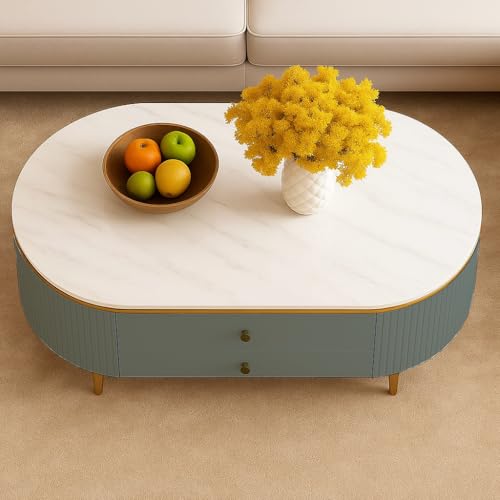 Image of WOODEN SPACE Premium Moderno Marble-Top Coffee Table with Storage Drawer & PVD Coated Iron Legs | Oval Wooden Center Table for Living Room & Entryway (Sky Blue)