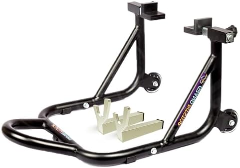 GRAND PITSTOP Rear Paddock Stand with Skate Wheels | (Black - Upto 450kg) | Swingarm Support | Easy Assembly | Bike Servicing & Chain Maintenance Tool | Stable Base