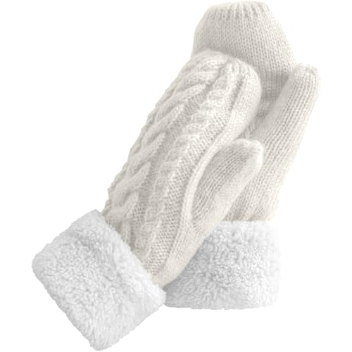 Risipu Womens Winter Gloves Warm Fleece Lining Cozy Cable Knit Thick Gloves Mittens for Cold Weather (White One Size)