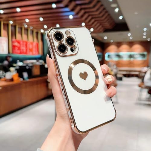 Coque magnétique de luxe pour iPhone 14 Pro Max avec cadre cœur plaqué or blanc