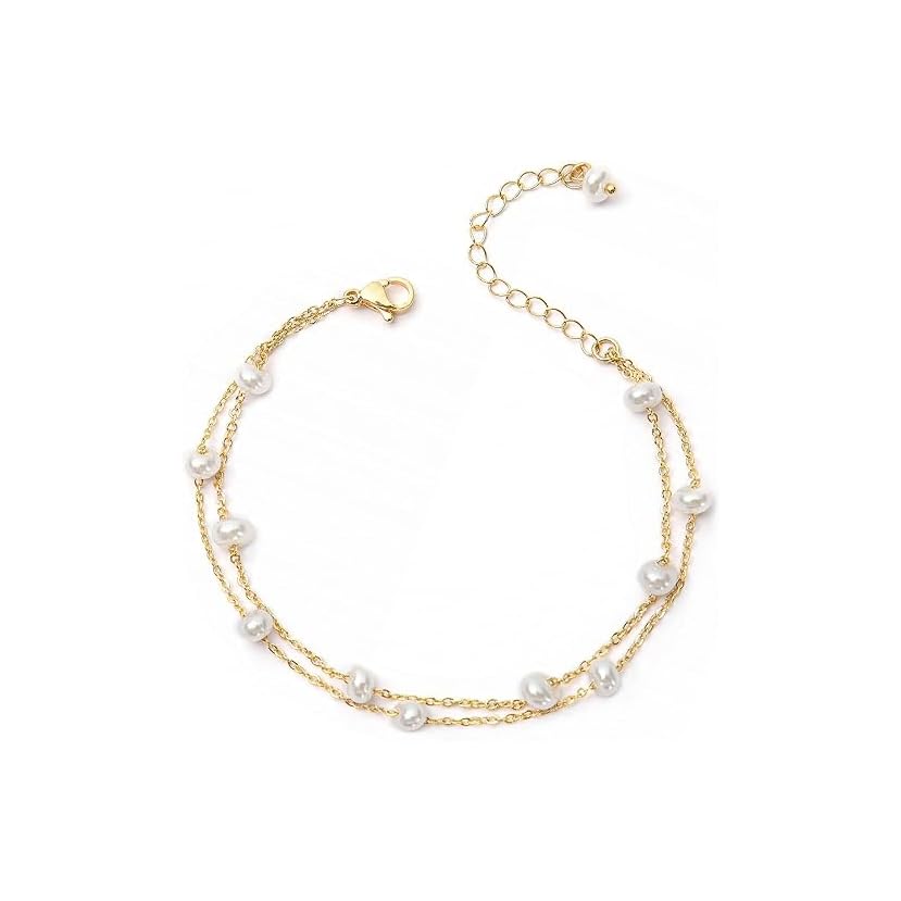 Cadeau pour Femme, Bracelet Double en Perles Blanches et Dorées, Ajustable et Élégant, en Acier...