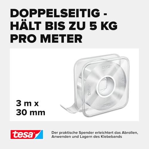 tesa Universal Nano Tape - transparentes, doppelseitiges Klebeband - leicht wiederablösbar und wiederverwendbar - wetterfest, für In- und Outdoor - 1 Rolle - 3 m x 30 mm