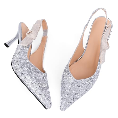 Women's Pointed Toe Slingback Heels Rhinestones Pearls Stiletto Kitten Heel Pumps Wedding Bridal Party Prom Shoes4