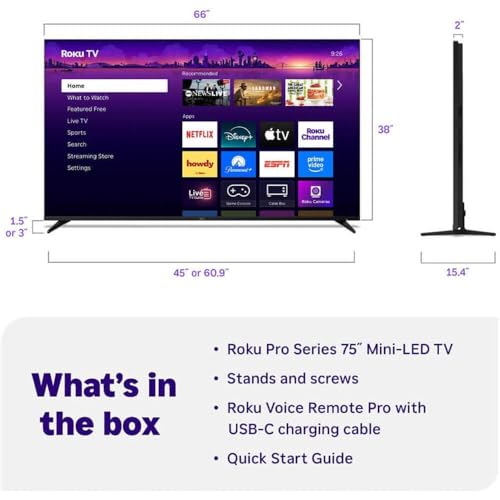 Image of Roku 75R8C5KIT1 75 inch Class Pro Series 4K QLED Mini LED Smart TV Dolby Vision HDR10 Plus 120Hz WiFi Voice Remote HDM