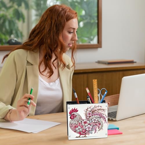 Image of Pink Rooster Diamond Art Pen Holder, Diamond Painting Pencil Organizer, DIY 5D Acrylic Crystal Rhinestones Art Desk Organizer Pencil Cup for Home, Office, and Craft Storage