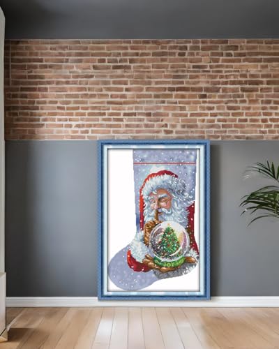 Image of CaptainCrafts Cross Stitch Kits Christmas Stocking Stamped Cross Stitch Printed Fabric Cross Stitching DIY Needlecrafts Embroidery Kit for Adults Beginner (Stamped 11CT, Cute Santa)