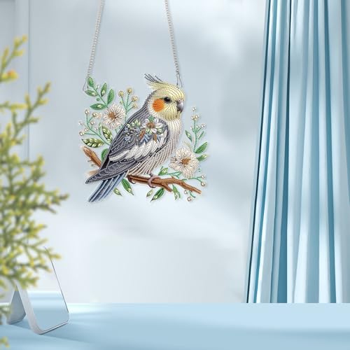 Image of AiYuanzsh Large Diamond Art Suncatcher Hanging Kit Parrot with Flowers, Special Shaped Diamond Painting Ornament for Adults, Colorful DIY Window & Wall Decoration, Crystal Diamond Art Kit