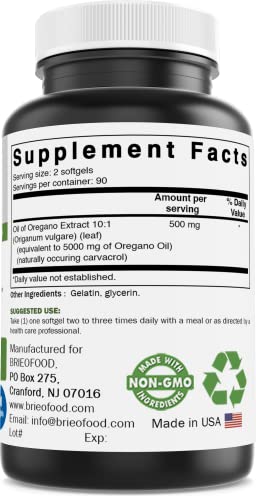 Brieofood Oregano Oil 5000Mg/Serving - Contains Naturally Occuring Carvacrol - Healthy Immune Function - 180 Softgels #TOP1