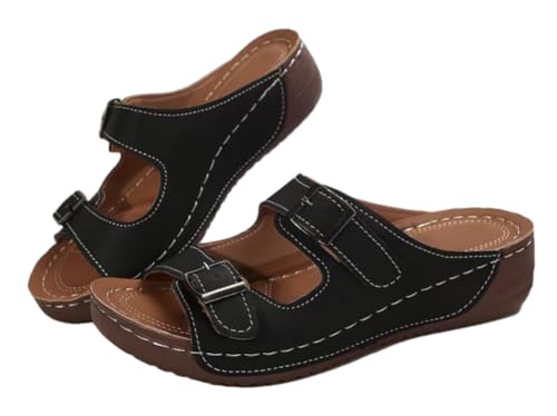 Comfy Low Wedges Leather Sandals for Women Elegant Summer Beach Slides Sandals with Double Adjustable Buckle