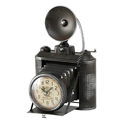 CasaJame Reloj de mesa con cámara de fotos, hierro envejecido, 20 x 19 x 33 cm, color negro
