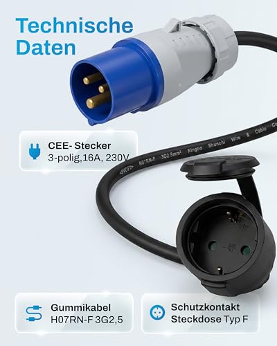 feletec CEE Adapter CEE Stecker auf Schuko Kupplung, 35cm Camping Strom-Kabel, IP44 Camping Verlängerungskabel, H07RN-F 3G2… – Ansicht 4