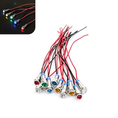 Yekoaru 10 PCS LED Indicator Light, 12V Metal LED Lights, 6mm 1/4inch Waterproof Flat Head Pilot Light with Wire, Universal for Car Truck Boat Dash (Muticolored)