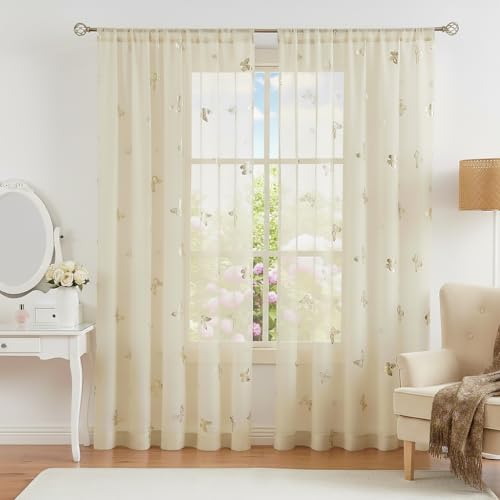 Jubilantex Butterfly Sheer Curtain Panels for Girls Nursery Bedroom, Toddler Gold Print Linen Textured Voile Farmhouse Rod Pocket Window Drapes 84...