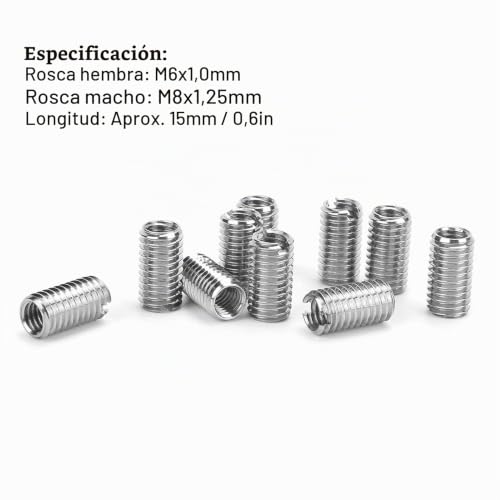 Miniatura 4 de Insertos De Rosca, 10 Piezas De Tuercas Roscadas De Acero Inoxidable, Reductor De Rosca Con Hembra M6 X 1.0 Y Macho M8 X 1.25 Herramienta De Reparación Hardware Tuerca Reductora De 15 Mm De Longitud