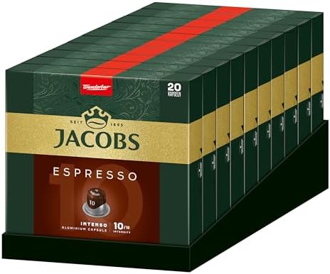 Jacobs Kaffeekapseln Espresso Intenso, Intensität 10/12, 10 x 20 Getränke, Nespresso* kompatible Kaffee Kapseln, 200 Kapseln
