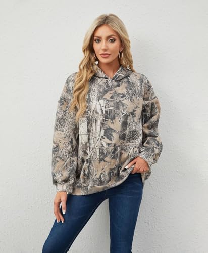 Women Oversized Fleece Camo Hoodies Maple Leaf Hooded Sweatshirt Casual Long Sleeve Fall Pullover Tops With Pockets - Image 3