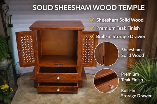 Image of Wudniture Solid Sheesham Wood Handcrafted Temple for Home & Puja Room (Natural Teak Finish) | Wooden Pooja Mandir