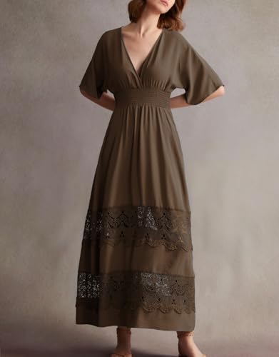 Image of Olaesa Boho Maxi Dress V Neck Short Sleeve Lace Smocked Waist Flowy Dress | Wedding Guest Dress with Pockets, Summer Bohemian Vacation Dress, Elegant Party Dress for Family photo& Baby Shower