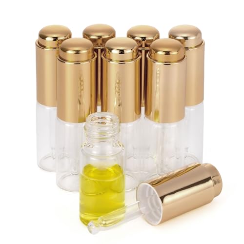 Ellbest 8 botellas transparentes de 10 ml, botellas de aceite esencial vacías rellenables, contenedor de perfume, botella cosmética, botella de viaje, botella de goteo, tapa dorada