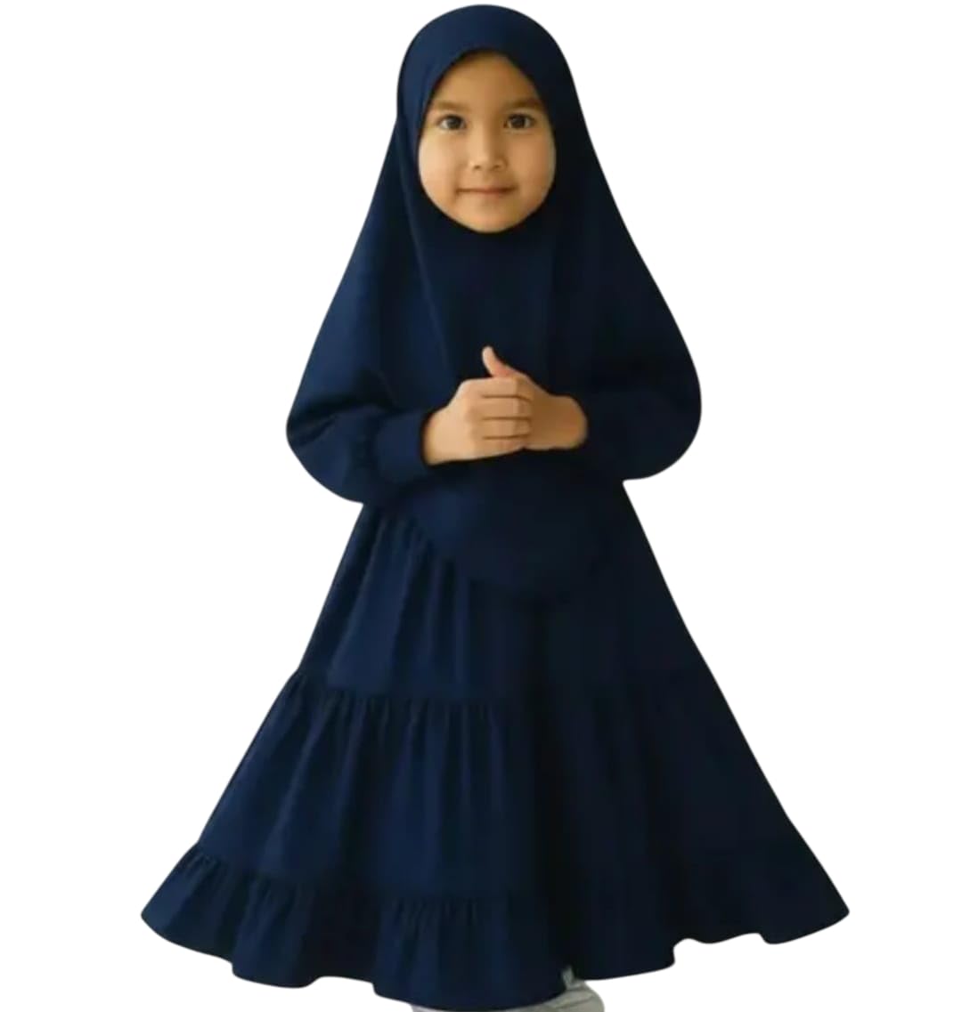 Traditional Navy Blue Girls Prayer Dress with Hijab, Long Sleeve Islamic Abaya, Modest Tiered Maxi Dress