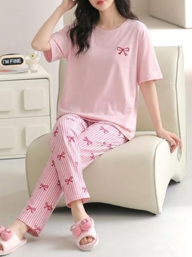Image of SHIENZY Women Korean Style Night Suit | Round Neck Short Sleeve Cute Printed Cotton Pajama Set for Girls & Women | Soft Nightwear, Loungewear, Sleepwear for Women | Full Pyjama Set | Co-ord Set