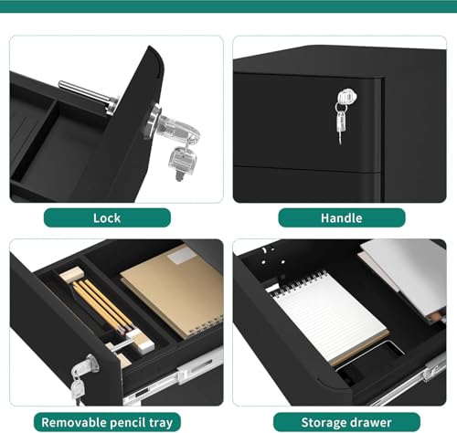 Image of YITAHOME 3-Drawer Metal Filing Cabinet Office, Compact Portable Slim File Cabinet Drawers with Keys, Pre-Built Office Storage Cabinet for A4 /Letter /Legal (Black)