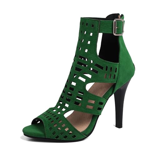 Women's Suede Cutout Peep Toe High Top Stiletto Roman Boots With Back Zipper Sexy Metal Buckle Fish Mouth Skinny High Heel Ankle Booties Sandals For Party Dating Daily