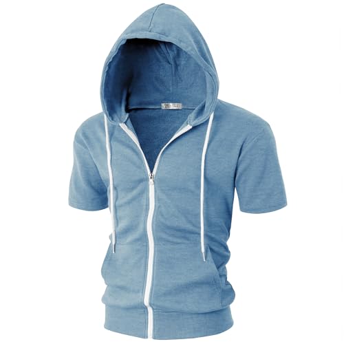 Ohoo Mens Slim Fit Zip up Hoodie Short Sleeve Thin Jacket Full Zip Sweatshirt with Kanga Pocket / DCF007-SKYBLUE-L