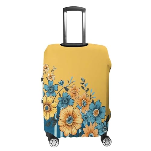 Yellow And Blue Floral Elastic Luggage Cover Suitcase Protector for 19-32 Inch Suitcases | Universal Stretchable Travel Bag Cover | Anti-Scratch, Washable with Zipper Closure M4