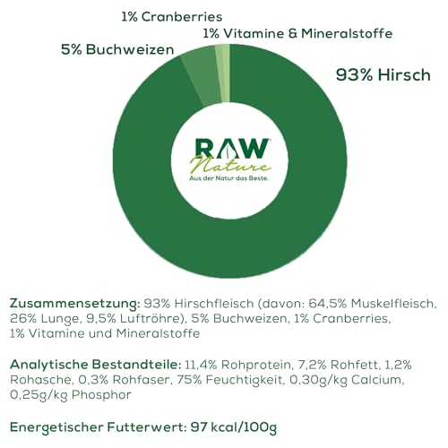 RAW Nature - Hirsch Pur 6x400g - Mit Buchweizen und Cranberries - Nassfutter für Hunde - Hoher Fleischanteil - Monoprotein - Alleinfuttermittel - Getreidefreies Hundefutter
