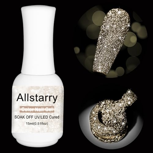Allstarry Reflective Glitter Gel Nail Polish, 15ml/0.5 Fl Oz Shimmer Sparkle Diamond Glitter Gel Polish UV LED Curing Soak Off Home DIY Nail Salon for Nail Art Disco Party Nightclub - Champagne