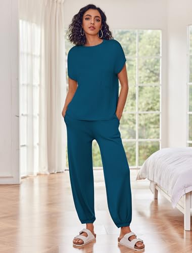 Image of Ekouaer Two Piece Outfits Lounge Sets for Women Sweater Sets Knit Short Sleeve Tops Jogger Pants Matching Tracksuit