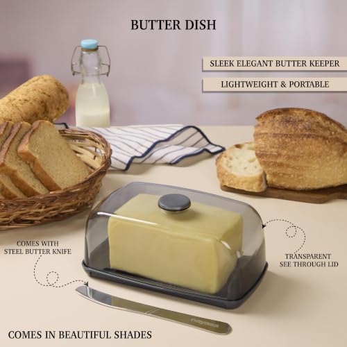 Image of Nayasa Smart Transparent Butter Dish with Lid & Butter Knife | BPA-Free Food Grade Plastic Butter Storage Container | Easy to Clean Butter Keeper for Butter, Cheese & Table Serving | Grey