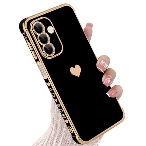 KANGHAR Compatible with Samsung A17 5G Case for Women Girl, Plating Edge Cute Love Heart Soft TPU Bumper with 4 Corners Shockproof Protection Phone Case Cover for Galaxy A17 5G(Black)