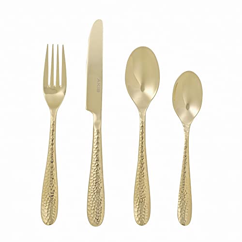 AKIS - Cubertería para 4 personas, 16 piezas, acero inoxidable, color dorado, con cuchillo, tenedor, cuchara, cubiertos de acero inoxidable de alta calidad, aptos para lavavajillas