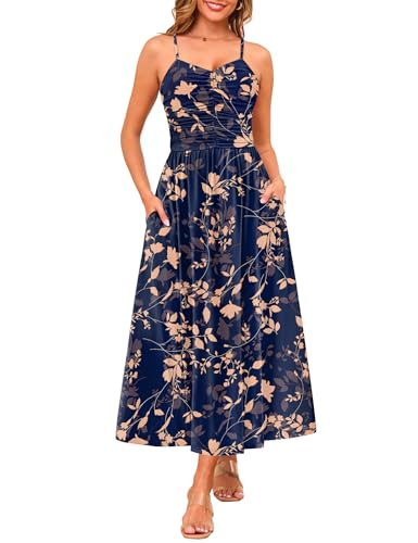 Image of Annebouti Women 2026 Summer Spring Ruched Maxi Dress Adjustable Spaghetti Strap Floral Beach Long Sundress with Pockets