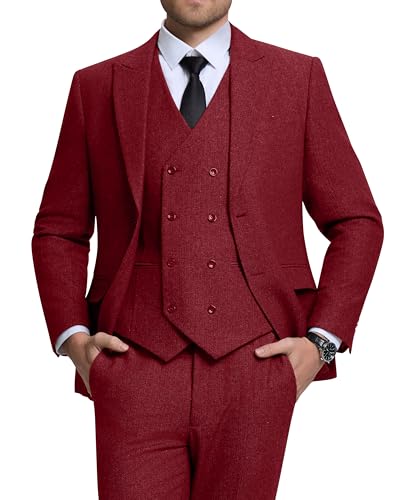 Mens Tweed Herringbone 3 Pieces Suits Retro Slim Fit Winter Tuxedo Jacket Vest Men Suit for Business Party