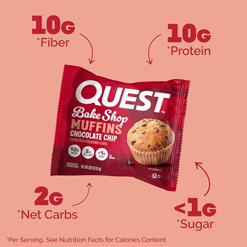 Quest Nutrition Chocolate Chip Muffin, 10g Protein, 2g Net Carb, Less than 1g Sugar, Protein Snack, 8 Count