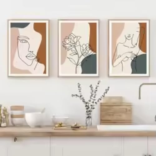 Peinture sur toile visage féminin et fleur au style minimaliste pour salon en 21x30 cm sans cadre