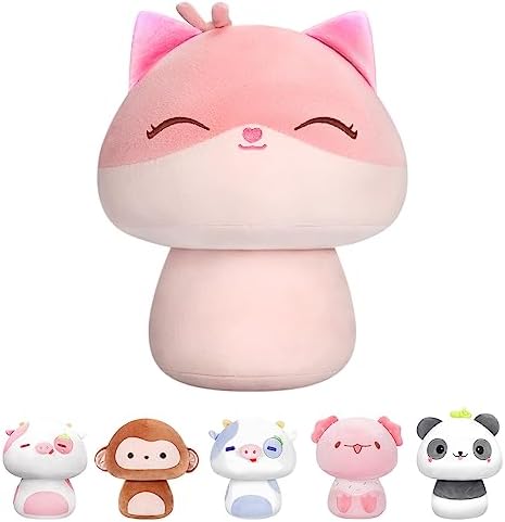 Mewaii 8'' Soft Strawberry Cow Mushroom Pillow Stuffed Animal Plush Plushie Squishy Toy - White