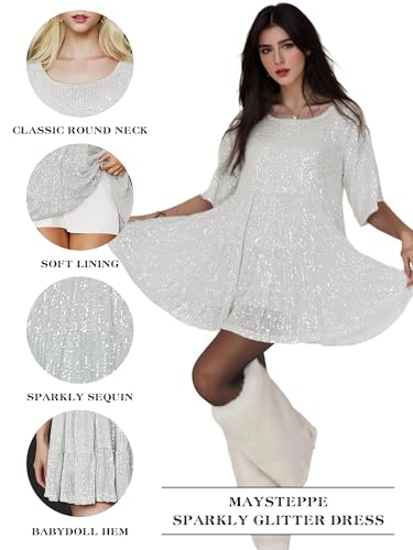 Image of MAYSTEPPE Sparkly Glitter Dress, Sequin Babydoll Summer Dress Short Flowy Tiered Tunic Dress for Women Party Club Night