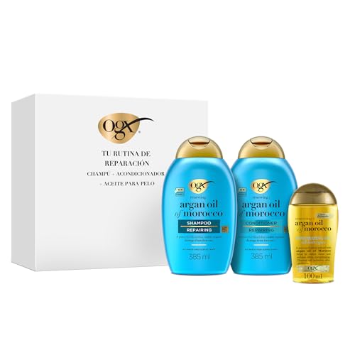 OGX Renewing Argan Oil of Morocco Rutina, Set de champú (1x385 ml), acondicionador hidratante ( 1x385 ml) y aceite para el pelo (1x100 ml) para cabello seco y dañado, gama con aceite de argán