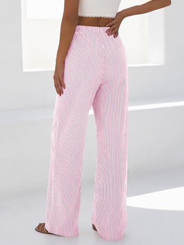 BTFBM Striped Wide Leg Pants for Women Spring Summer 2026 Drawstring Lounge PJ Beach Bottoms Casual Trousers Pockets(Light Pink, XX-Large) — view 3