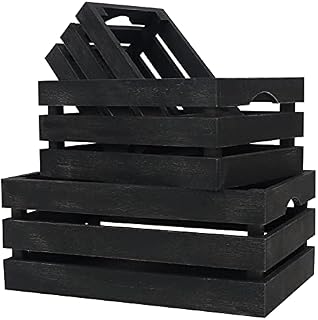 BELLE VOUS Black Wooden Storage Crates with Handles (Set of 3) - Small, Medium & Large Size - Natural Rustic Decorative Wood Crate - Stackable Nest Home Decor Box - Vintage Farmhouse Display Basket