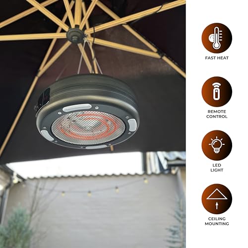 Home It® Hängender Terrassenheizer mit Carbonröhre und LED-Beleuchtung – 1500W, 3 Heizstufen, Fernbedienung, 24h Timer, IP34 Spritzwassergeschützt, Aluminium, 450mm Durchmesser