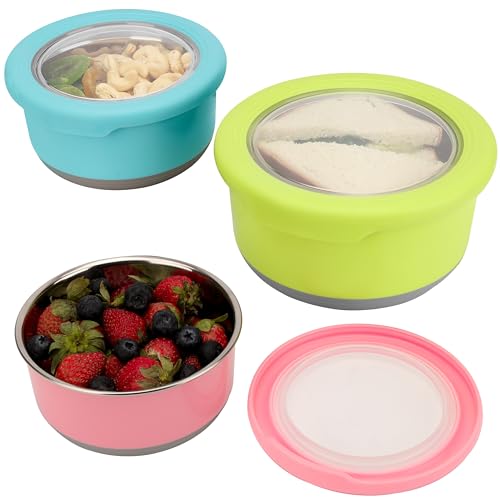 BELLE VOUS Pack de 3 Recipientes para Alimentos Acero Inoxidable y Silicona - 420 a 1200 ml - Envases para Alimentos Portátiles Libre de BPA con Tapa Hermética - Apto Lavavajillas y Congelador
