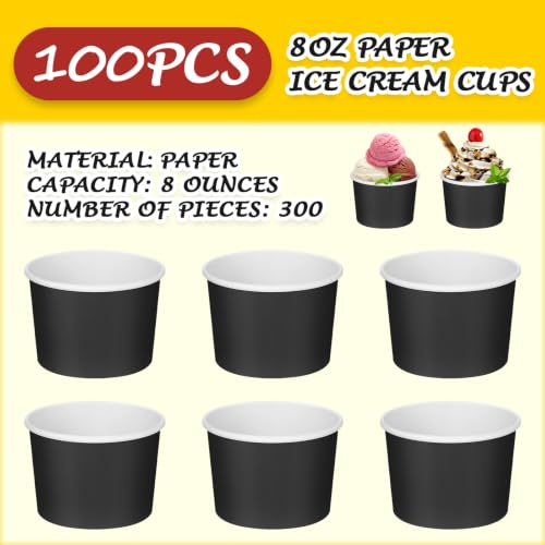 Image of Nuenen 100 Pcs 8 oz Summer Ice Cream Paper Cups Bulk Disposable Dessert Cups Solid Color Paper Dessert Bowls for Snack Sundae Spring Party Favors Ice Cream Bar Supplies (Black)