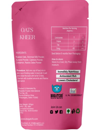 Image of BOGATCHI Oats Kheer - Ready to Cook AUTHENTIC Oats Kheer - 200 g, Ready to Eat Meal and Tasty Instant Meal, 100% Natural Ingredients, No Preservatives, No Artificial Colours&Flavors