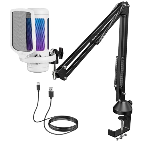 TONOR Gaming Mic, Micrófono USB para PC PS4/5 con Brazo Soporte, Micro Condensador Cardioide con Ajustable RGB Modos y Brillo, Silencio Rápido, Control de Ganancia, para Streaming, TC310+ Blanco